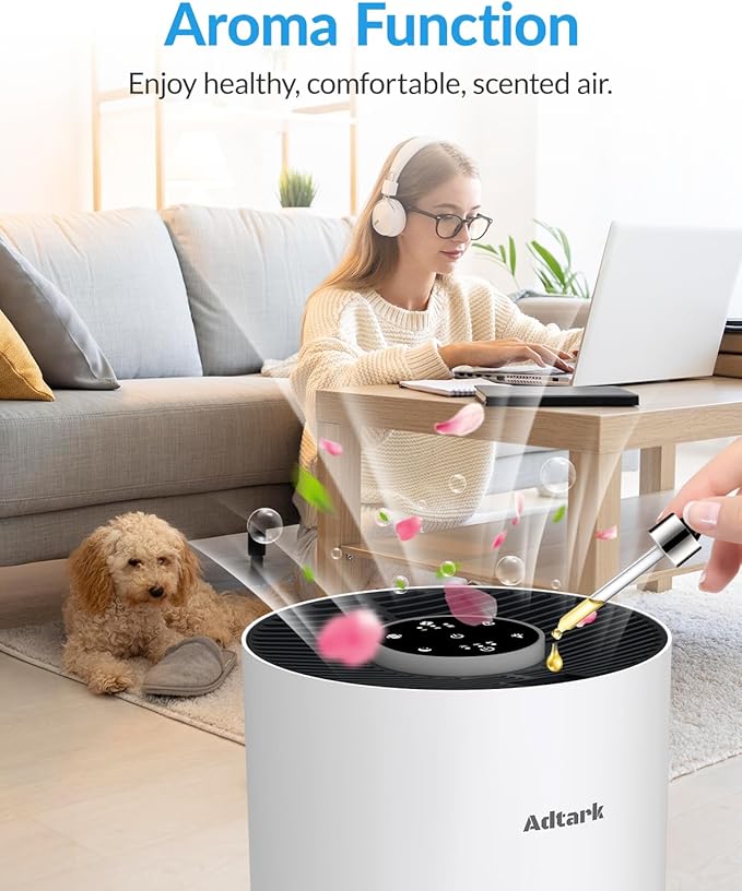 Air Purifiers for Home Bedroom, ADTARK Air Cleaner with 3-in-1 Filter, Sleep Mode & Aroma Function, 3 Light Modes, Room Air Purifier with 3 Timer for Office, Dorm, Hotel (White)