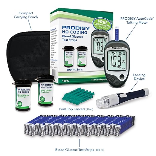 PRODIGY 10500 100ct Test Strips with AutoCode Talking Meter Starter Kit, PRODIGY AutoCode Blood Glucose Talking Meter, No Coding Blood Glucose Test Strips (2 vials of 50ct), Adjustable Depth Lancing Device, Twist Top Lancets 28G (10ct), Carrying Case, ...
