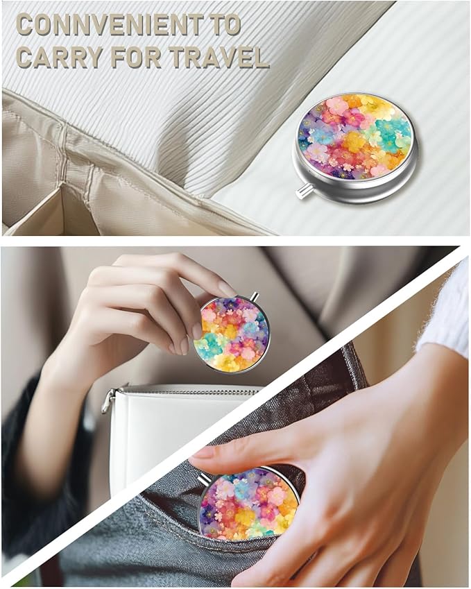 Pill Box, 3 Compartment Portable Travel Medicine Box with Mirror, Compact and Cute, Fits in Purse and Pocket, Medicine and Vitamin Organizer (Colorful Flowers)