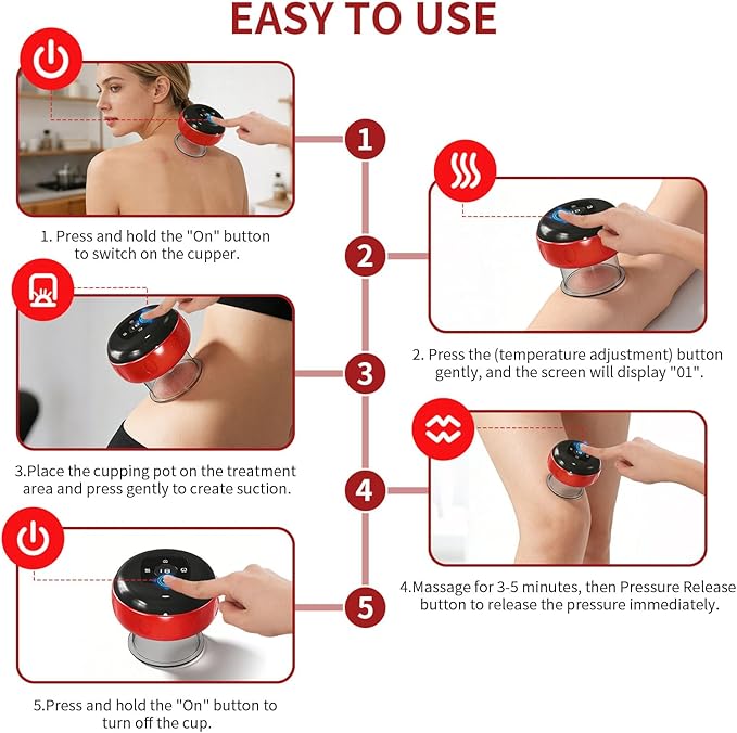 5-in-1 Smart Dynamic Cupping Therapy Massager Set, 12 Levels Heat & Suction Cupping Kit for Massage Therapy, Electric Cupping Device with Red Light Therapy for Back Pain, Knots, Muscle Soreness (Red)