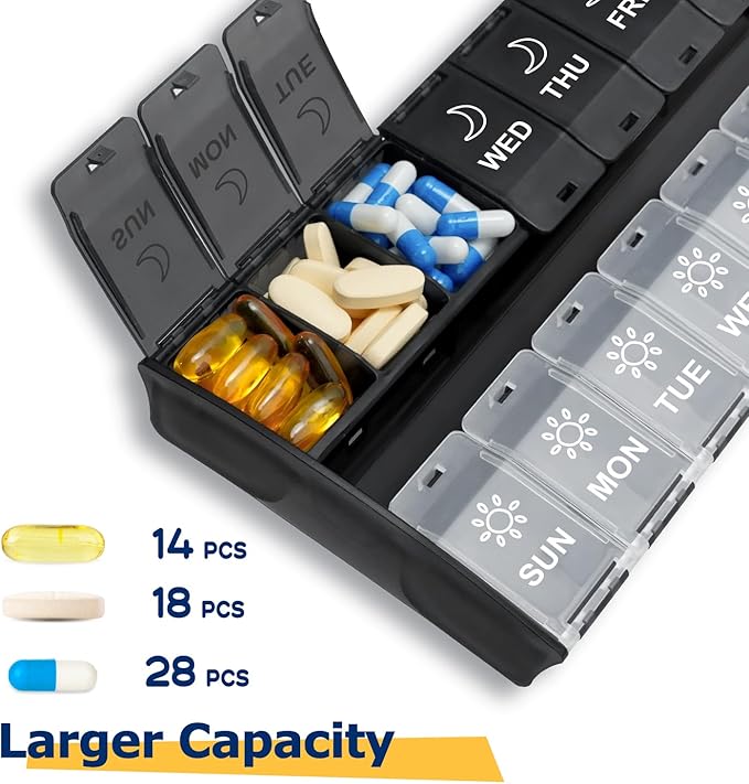 XL Large Pill Organizer 2 Times a Day, Weekly Am Pm Pill Box with Hinged Lids, 7 Day Medicine Vitamin Pill Case, Daily Pill Container, Big Medication Organizer for Supplement
