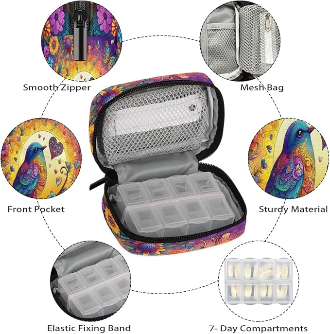 Ethnic Bird Art Pill Case Travel Pill Organizer Weekly 7 Day Portable with Zipper Medicine Box Pill Case for Vitamins, Birth Control,Fish Oils,Medication, Supplements