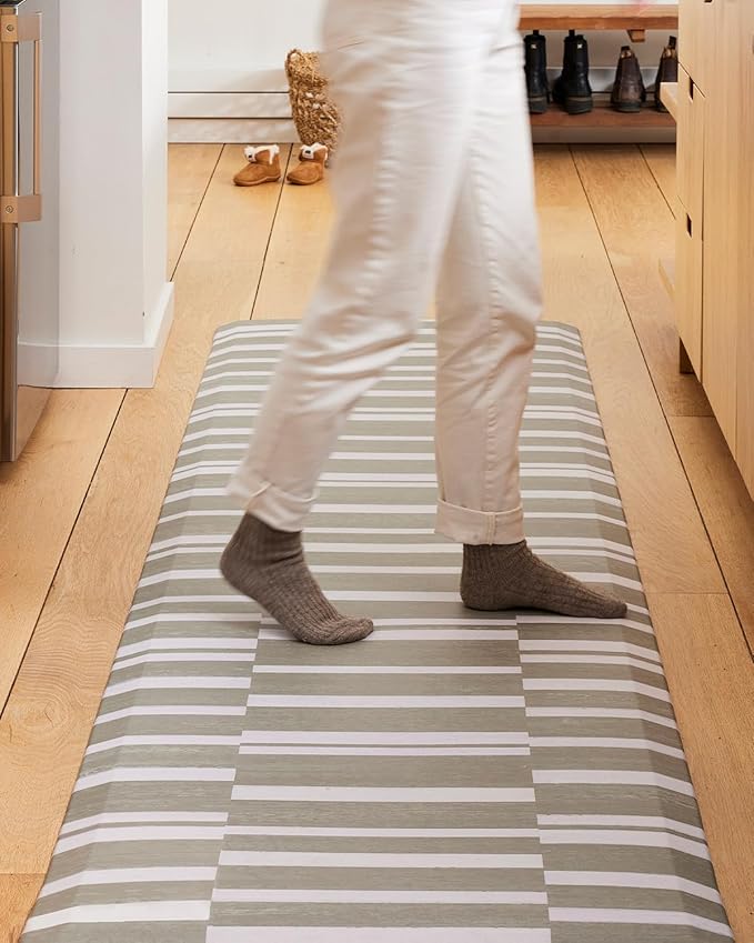 House of Noa Nama Standing Mat – Anti-Fatigue Cushioned Kitchen Mats for Floor | Ergonomic Bounce-Back Foam Kitchen Mats | Anti-Fatigue Mats for Kitchen & Standing | Sutton Stripe Basil | 30" x 108"