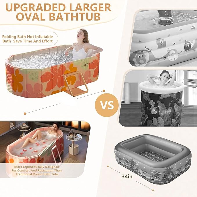 Gets 47" XL Oval Ice Bath Tub For Athletes,Portable Bathtub for Adults Foldable Soaking Standing Hot Bath Tub for Shower Stall,Separate Family Bathroom SPA (Pink,47"×22"×19")