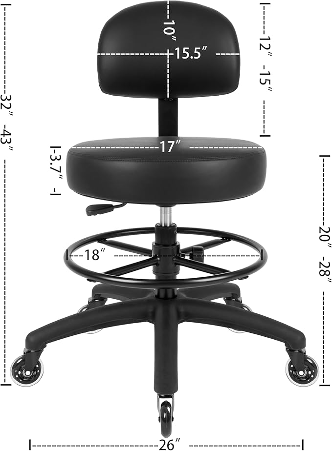 TAKE UR SEAT® Economical Multi-Purpose Medical Spa Drafting Stool with Adjustable seat and Back Height. Advanced Fabric seat Cover is Easy to Clean. Blade Wheels (Med. Bench Height Black)