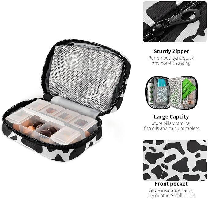 Black Cow Print Pill Organizer Case Simple Animals Skin 7 Day Travel Pill Box with Zipper Portable Weekly Vitamin Medicine Supplement Holder Pouch Bag