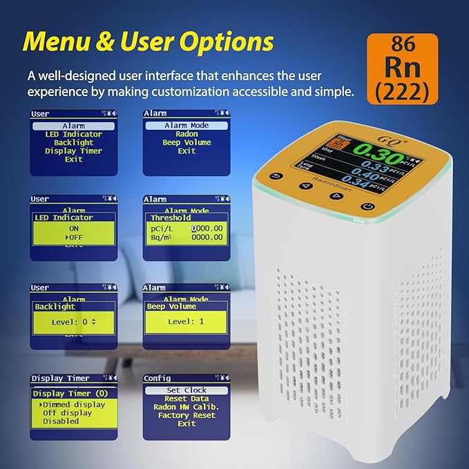 GQ Radon Detector New V2.0 Radonscan Home Radon Monitor Alpha Radiative Gas Radiation USA Product Large Color Display Short and Long Term continuously Monitor Accurate Fast Sensitive Data Saving