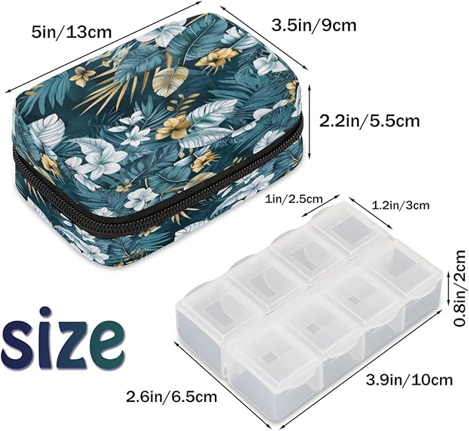 Tropical Floral Leaves Flower Travel Pill Organizer Box Weekly Portable Pill Case Daily Pills 7 Day Small Birth Control Pills Container Removable Compartments for Medicine Vitamins Fish Oil