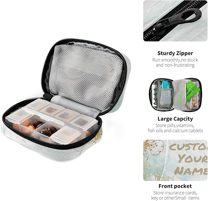 Custom Pill Box 7 Day Pill Case Bag Golden Flowers Personalized Name Travel Pill Organizer Bag with Zipper Portable Weekly Case Compact Size for Vitamin Supplement Holder