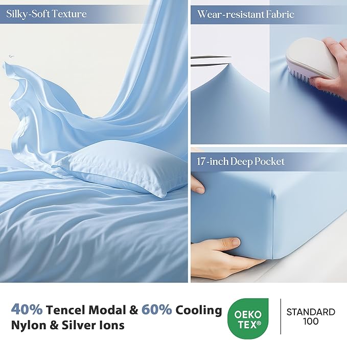 Silver Infused Bed Sheets Set, Cooling Tencel Sheet with Self-Cleaning Technology for 3X Freshness Sleep, Hypoallergenic & Breathable sheet Perfect for Hot Sleepers & Sensitive Skin (Blue, King )