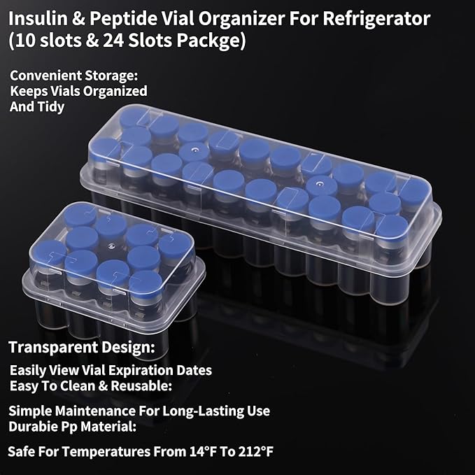 3-Pack Peptide Case for Fridge (2*10+24 Slots),3mL Vial Holder for Refrigerator Organized Storage,44-Slot Insulin & Peptide Organizer Set,Semi-Transparent Medical Vial Storage Case for Diabetic Care