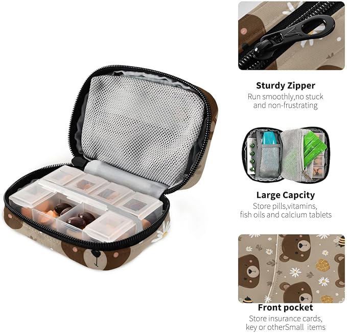 Brown Bear Bees Honey Travel Pill Organizer Case Box Container Weekly Portable Vitamin Medicine Holder Storage Bag with Zipper Removable