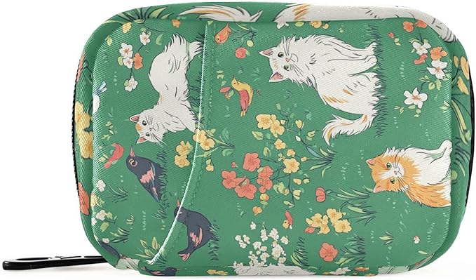 Green Persian Cat and Hummingbird in Spring Travel Pill Organizer Weekly Small (Cute) Pill Box 7 Day Pill Case Vitamin Holder Pill Bottle Organizer