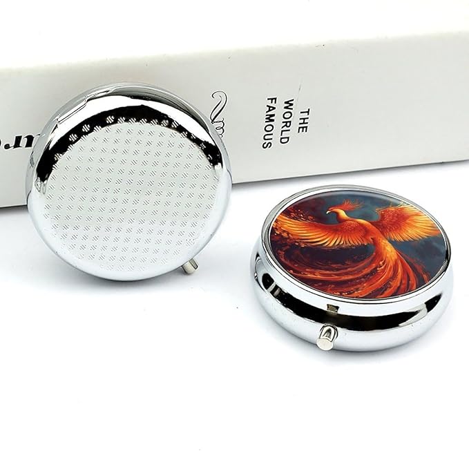 Orange Red Phoenix Pill Box Travel Pill Case for Purse Pocket Weekly Medicine Organizer with Mirror 3 Compartment Round Medicine Case Portable PillcaseHolder for Daily