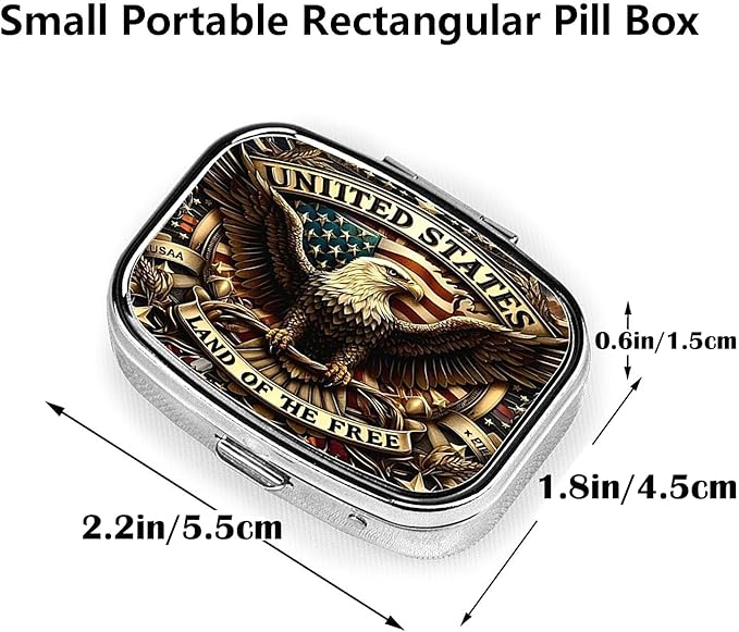 ABLESKY Pill Box, 2 Compartment Pill Organizer Case for Pocket or Purse, Small Portable Metal Travel Medicine Box with Mirror, Daily Vitamins Fish Oil Container-Patriotic Bald Eagle USA Flag