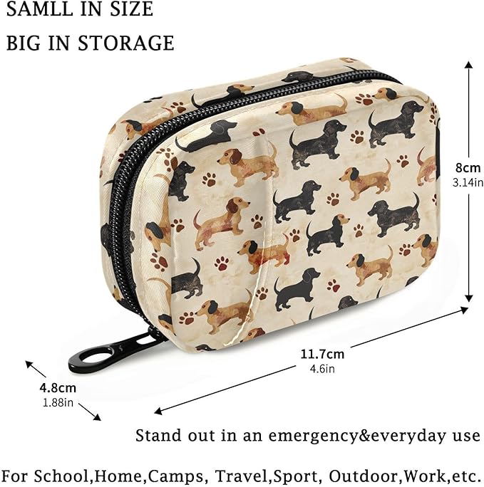Fustylead Cute Brown Black Dachshund Dogs and Paw Prints Pill Organizers 2 Times A Day Pill Case Bag with Zipper Portable Weekly Pill Dispensers for Vitamin Supplement
