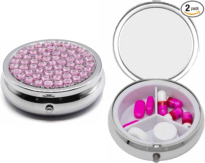Set of 2 Circular Triple-Compartment Pocket Purse Pill Box & Organizer with Insert (Rose Gemstones)