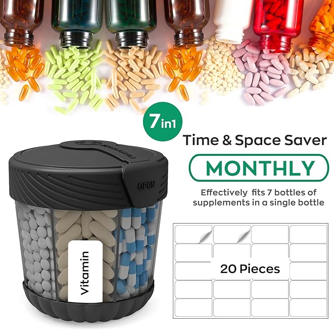 Pill Dispenser with 7 Large Compartments,Portable Pill Bottle Organizer for Travel,Anti-Mixing Supplement Organizer Easy Twist Wide-Opening Pill Container with 20Pcs Labels,Translucent Black