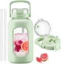 BLUEGO 84oz Glass Water Bottle with Straw and Handle, Large Water Bottle with Sip & Chug Lid, 2.5L Water Jug Silicone Sleeve with Time, Full Day Drinking Bottle for Sports BPA Free, Green