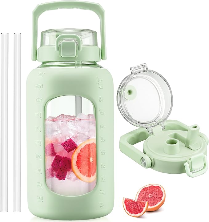BLUEGO 84oz Glass Water Bottle with Straw and Handle, Large Water Bottle with Sip & Chug Lid, 2.5L Water Jug Silicone Sleeve with Time, Full Day Drinking Bottle for Sports BPA Free, Green