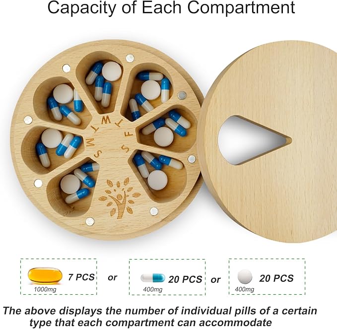 Wood Weekly Pill Organizer for Medicine Vitamin,Arthritis Friendly 7-Day Pill Box Medium Compartments Holder,Daily Portable Travel Pill Case with Velvet Bag