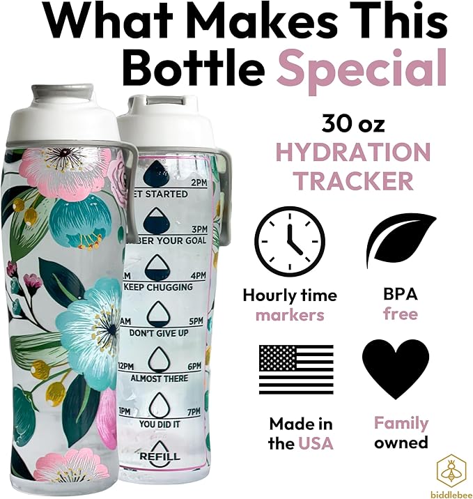 50 Strong Reusable Water Bottle with Time Markers – 30 oz BPA-Free Leakproof Bottle with Chug Cap & Easy-Carry Handle – Made in USA (Pretty Flowers)