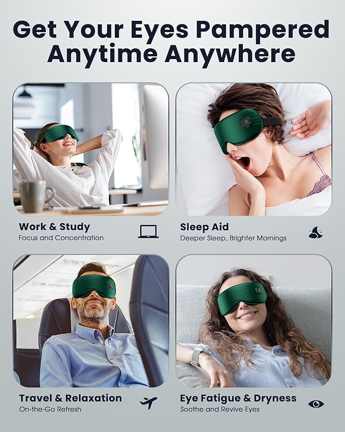 Heated Eye Mask - Cordless Eye Mask for Dry Eyes, Eye Relief, Improved Sleep, Washable Eye Heating pad for Travel and with Replaceable Shell (Green)