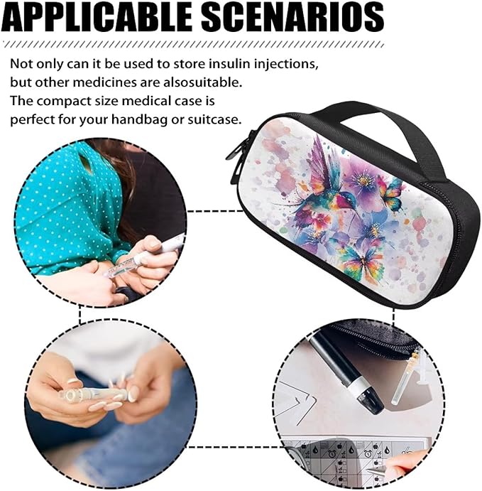 Hummingbird Butterfly Insulin Cooler Travel Case Diabetic Medicine Carrying Bag Large Storage Insulated Organizer Medication Cooler Bag for Insulin Pens and Diabetes