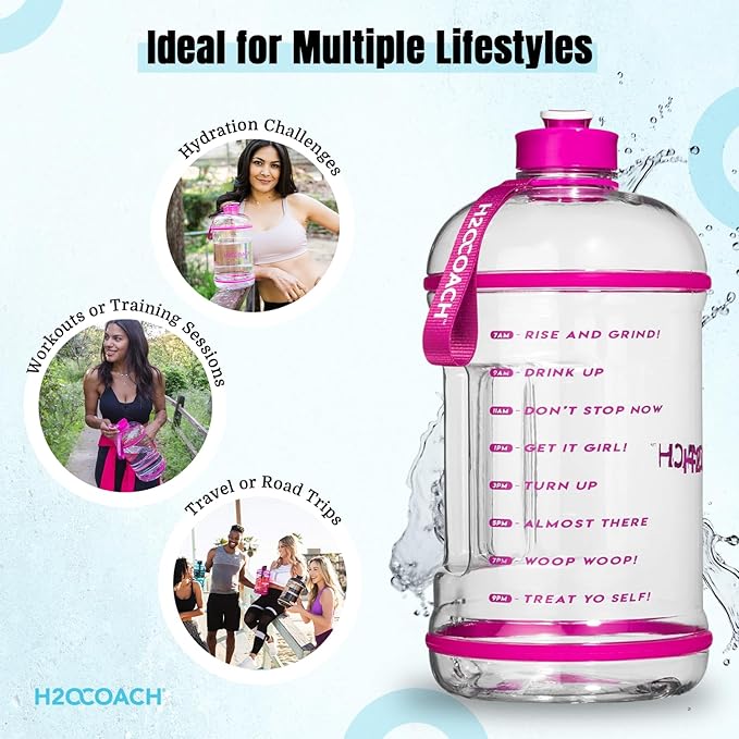 H2OCOACH 1 Gallon Hydration Jug with Time Marker & Measurements, BPA-Free Tritan Sports Drink Container, Motivational Daily Intake Tracker for Gym, Workout, & Fitness Routines (128 oz, Pretty N Pink)