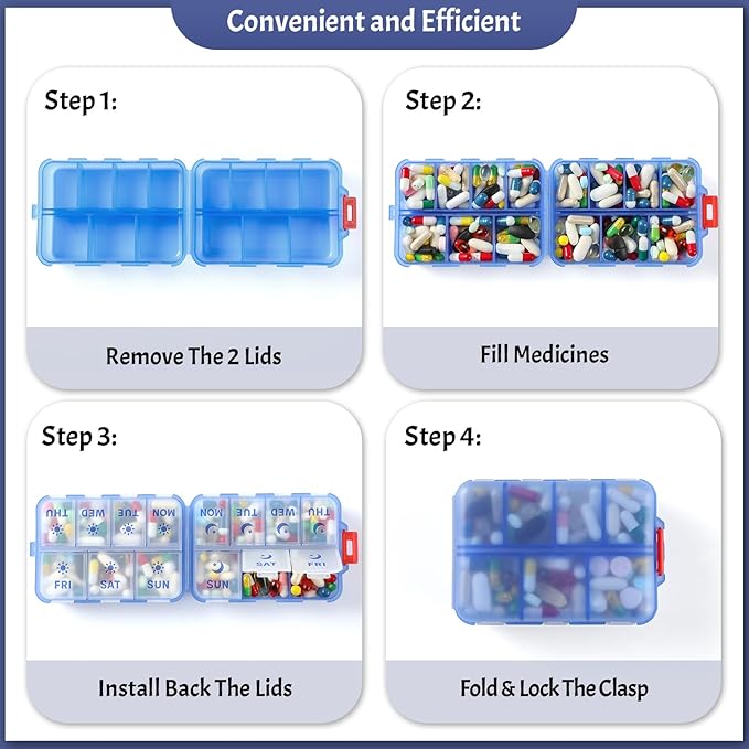 New Foldable & Double Protection Portable Weekly Pill Organizer 2 Times A Day with Etched Labels, AM PM 7 Day Week Medicine Box, Daily Travel Pill Case Dispenser for Vitamin, Supplement - Clear Blue
