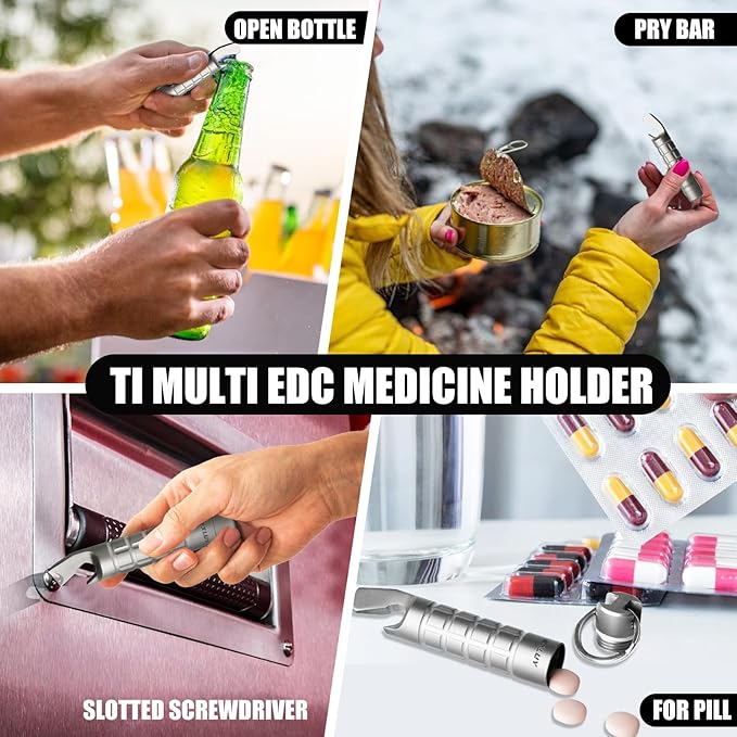 Titanium Keychain Pill Holder Pry Bar, Waterproof Emergency Pill Fob Organizer Container Case, Portable Purse Pocket Prybar Box for Outdoors Camping Travel EDC Accessories