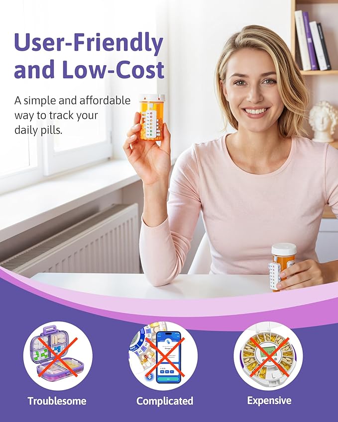 FEATY Pill Reminder 2 Times a Day for Meds Bottles, Arthritis-Friendly Pill Tracker, Reusable Medication Tracker for Pet Meds Without Filling, Compact & Anti-Slide Medication Reminder, 2 Packs