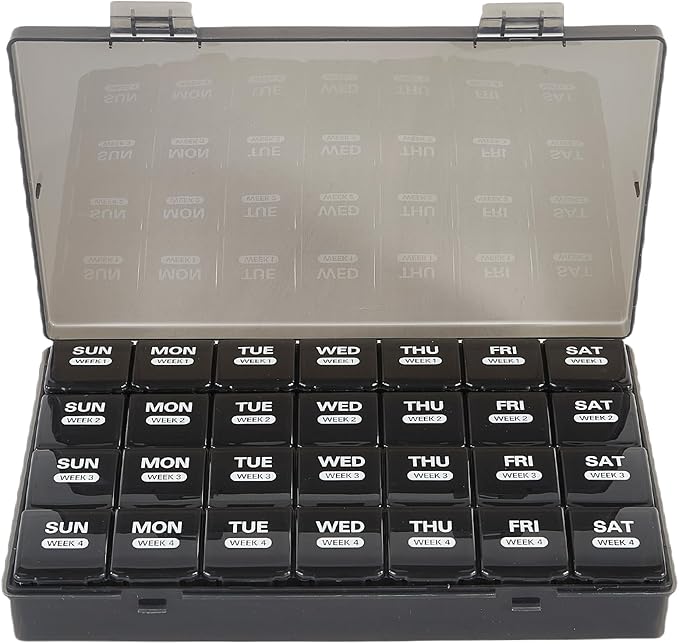 Monthly Pill Organizer, Once a Day, 4 Weeks a Month, 28 Days in a Large Pill Box, Portable for Travel, can Hold a Large Amount of Vitamins, Supplements, Fish Oil, and Medication (Black)