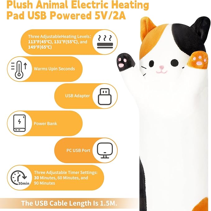 Calico Cat Heating Pad-USB Heated Plush Stuffed Animals for Period Cramps and Menstrual Pain Relief,22” Portable Electric Kitten Heating Pads,Built-Pocket Plushies Women Girls Gifts