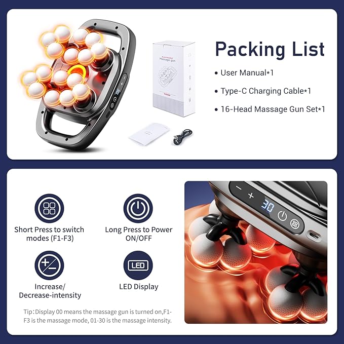 16 Head Massage Gun, Deep Tissue Percussion Back Massager with 3 Modes & 30 Intensities, Quiet Muscle Massage Pain Relief, Portable Percussion Massage Gun for Back, Neck, Shoulders, Legs, Waist, Body