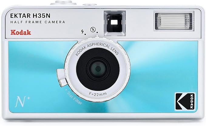 Kodak EKTAR H35N Half Frame Film Camera, 35mm, Reusable, Focus-Free, Bulb Function, Built-in Star Filter, Coated Improved Lens (Film & AAA Battery are not Included) (Glazed Blue)