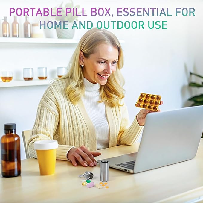 VTAR Pill Organizers, Waterproof Single Chamber Stainless Steel Travel Small Pill Box, Keychain Pill Holder Container for Purse or Pocket (Silver)
