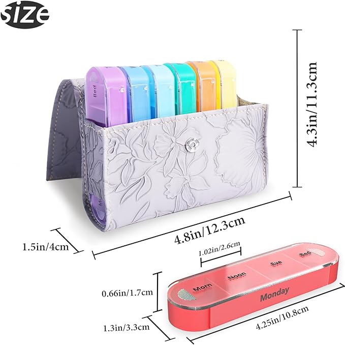 Pill Organizer,LIZIMANDU Weekly Travel Pill Case Box Medication Reminder Daily AM PM, Day Night 7 Compartments,for 4 Times A Day, 7 Days a Week-Includes Leather PU Carrying Case(1-Carved Grey)