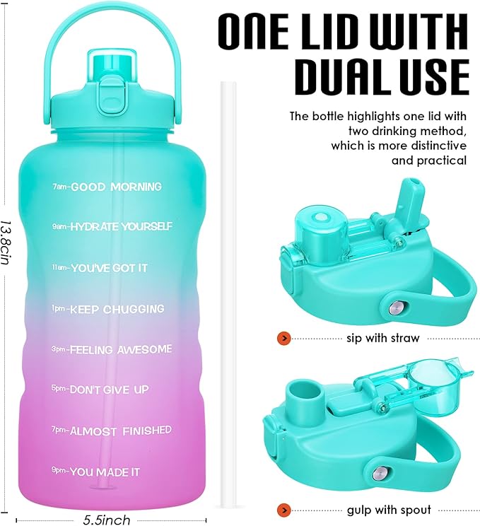 HydroPal 1 Gallon Water Bottles with Straw, 128 oz Water Bottle BPA Free Innovative 2-IN-1 Lid Gym Bottle with Times to Drink Motivational, Large for Sports Fitness Camping Water Jug （13.8X5.5 inch）