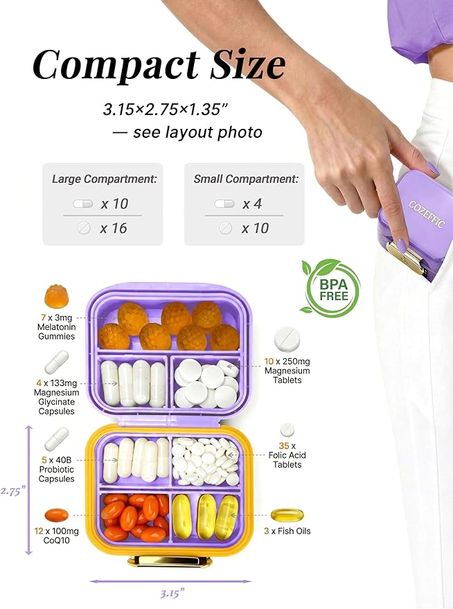 Small Pill Case Travel Pill Box with 7 Compartments for Purse - Compact Pill Organizer for Medicine Vitamin - Portable Container for Fish Oil & Supplements - Lavender