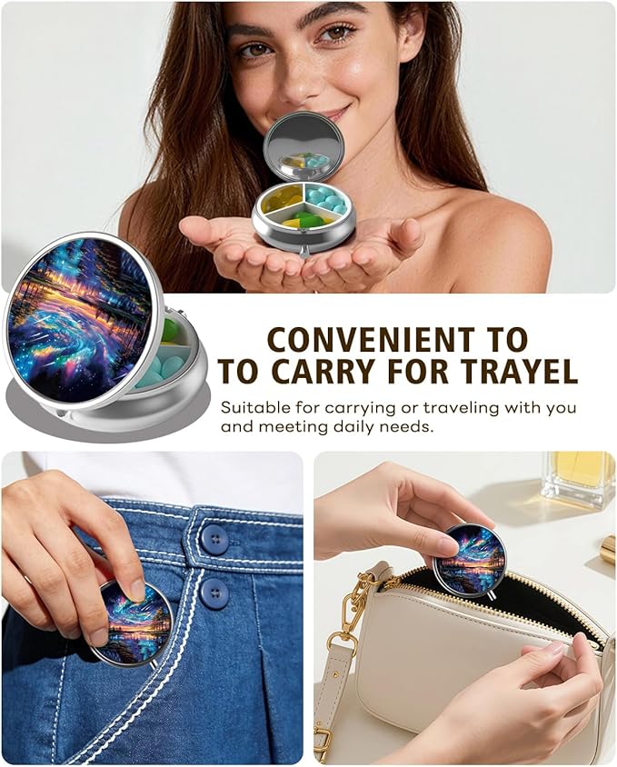 LRITER Pill Case, Portable Travel Pill Box, Pillbox Organizer, Cute Small Medicine Storage Container, Purse Accessories for Women, Men (Aurora Tree)