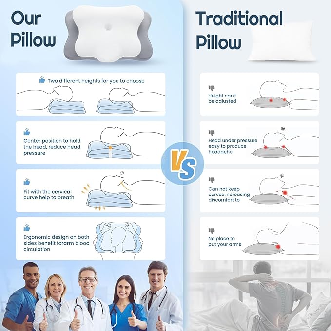Cervical Neck Pillow for Pain Relief Traction Ergonomic Memory Foam for Side Sleepers with TMJ & Snoring Height Adjustable Orthopedic Bed Pillow for Back Sleepers Pressure Relief (Weight 150-200 lbs)