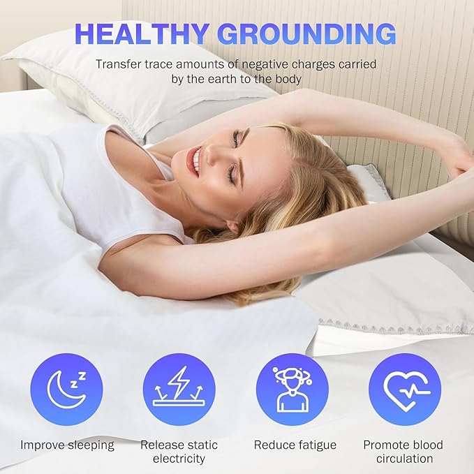 Grounding Sheets Queen Size, Grounded Fitted Bed Sheet 10% Pure Silver Fiber + 90% Organic Cotton Bed Grounding Kit with grounding Cord for Improved Sleep & Wellness (White,80"x60"x15")