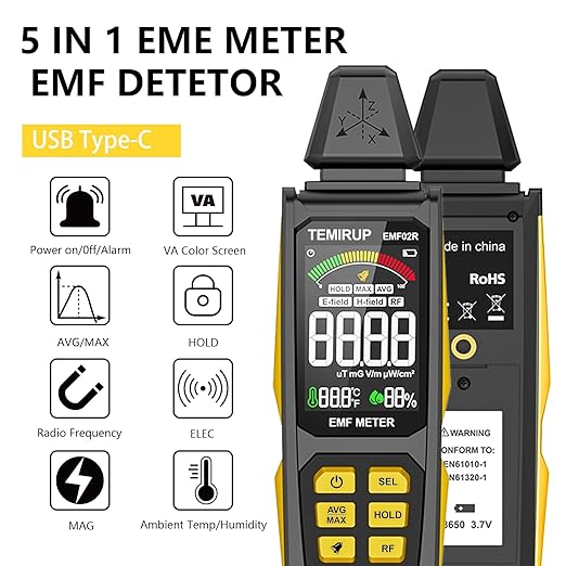 EMF Detector, 5-in‑1 Portable EMF Meter and Radiation Detector for RF, EF, MF, Temp, Humidity, WiFi Signal– Rechargeable EMF Reader with 3-Color Sound‑Light Alarm for Home,Office,Ghost Hunting