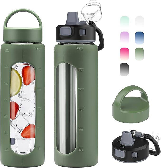 Kodrine 24oz Glass Water Bottle With Straw-2 lids-Reusable Daily Water Intake Glass Bottle with Measurements,Silicone Sleeve, Time Marker, Cupholder Friendly for Home,Gym,Sports-Olive
