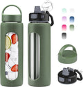 Kodrine 24oz Glass Water Bottle With Straw-2 lids-Reusable Daily Water Intake Glass Bottle with Measurements,Silicone Sleeve, Time Marker, Cupholder Friendly for Home,Gym,Sports-Olive