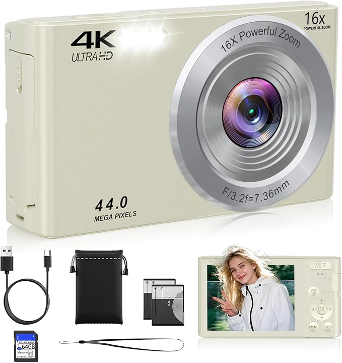 Digital Camera,Upgraded FHD 4K Digital Camera for Teens Girls Boys,Compact Digital Cameras with 64GB Memory Card,2 Batteries,Small Camera with 16X Autofocus Digital Zoom for Vlogging,Cream