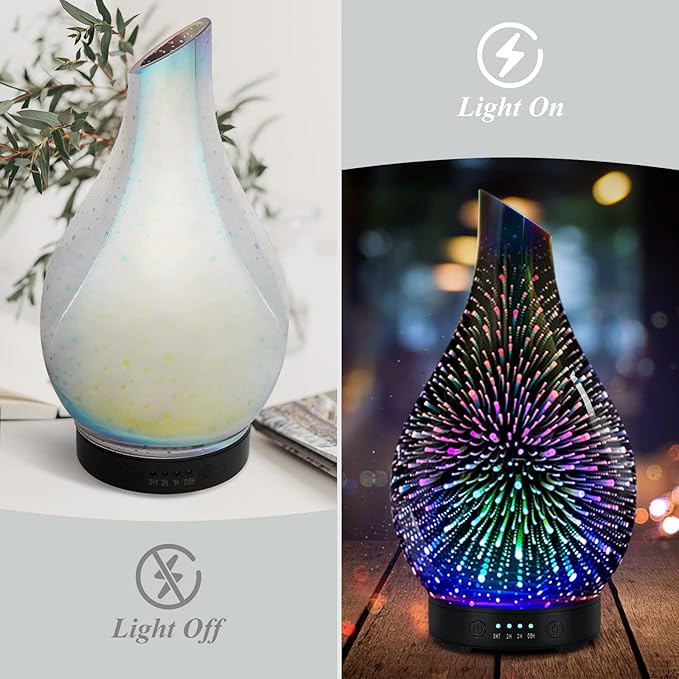 Essential Oil Diffuser Aromatherapy Diffuser - Art Glass Oil Diffuser with Auto Shut-Off Protection 4 Timer Setting 7 Colors Changed LED Night Light for Home Office Decor Gift (3D Fireworks)
