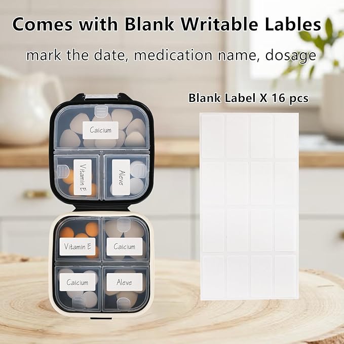 Weekly Pill Organizer, 7 Compartment Travel Pill Case with Rotatable Dose Recorder, Daily Waterproof Airtight Medicine Box for Vitamins & Supplements, Black Small