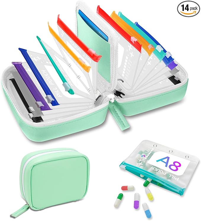 A8 Waterproof Pill Organizer Set, Twice-Daily Large Pill Organizer for Seven Days, Pill Storage with 14 Color-Coded Pouches, Reusable Travel Medicine Organizer